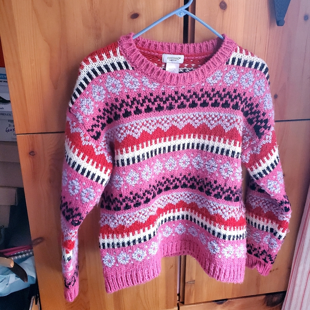 Cocogio Women's Pink Wool Blend Fair Isle Crew Neck Sweater Size Small